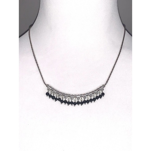 Brighton Jewelry - Brighton Silver Figaro Black Dangle Beaded Pendant Statement Necklace EUC